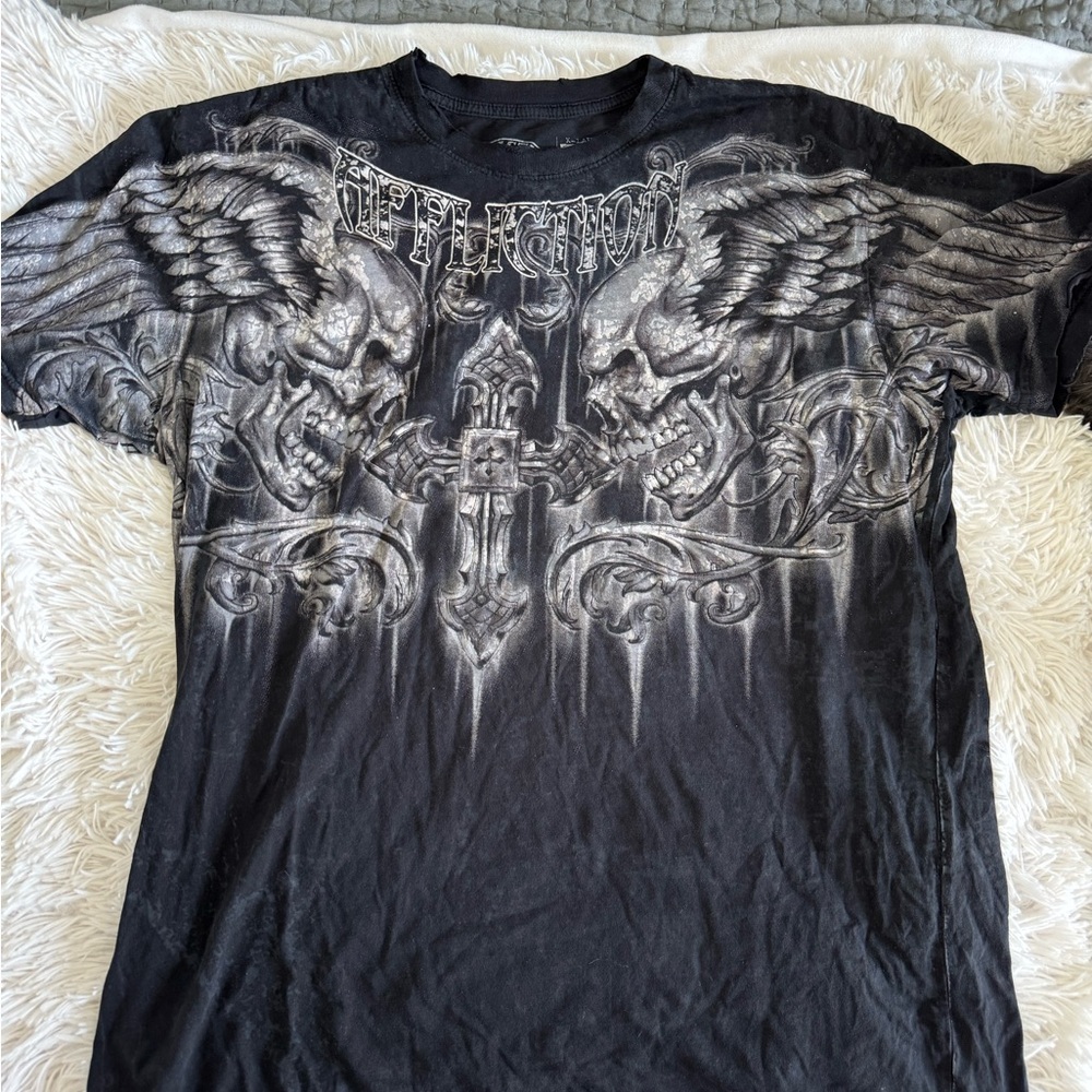 Affliction Silver and Black Short Sleeve Tee with Intricate Wing Design
